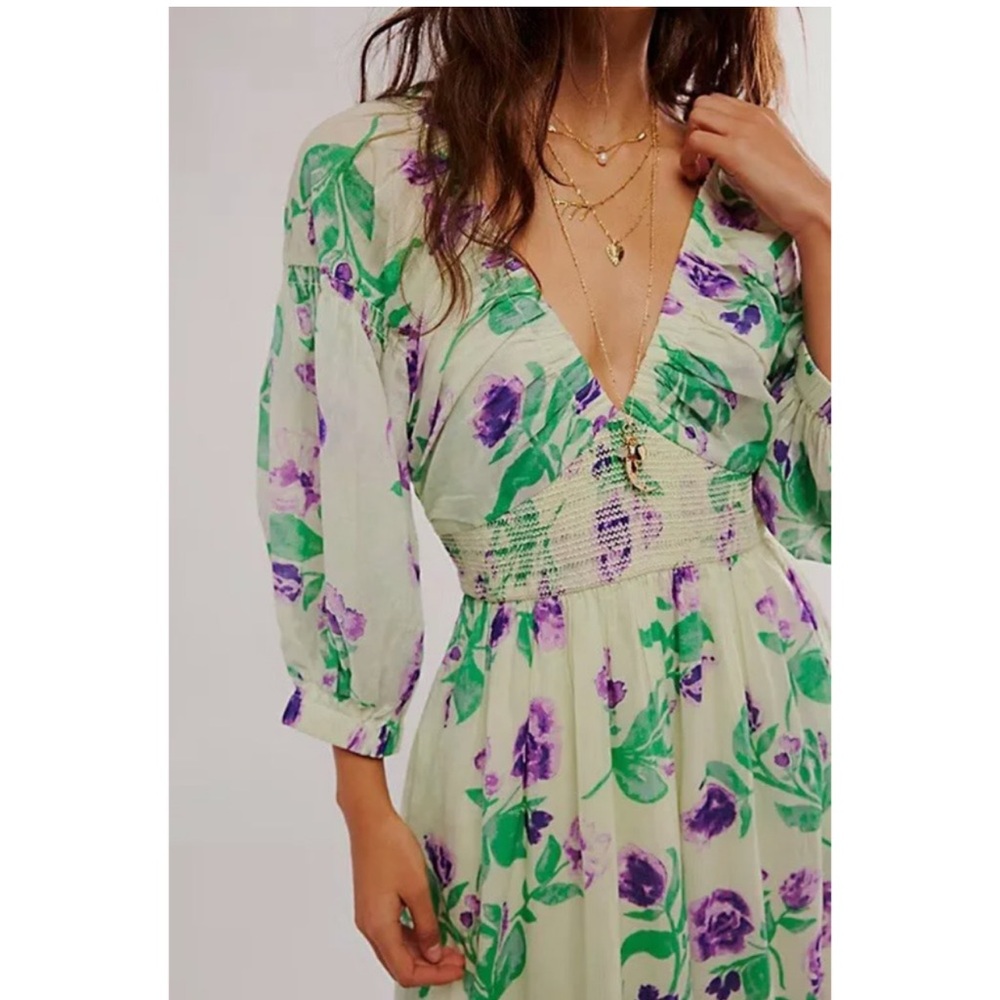 New Free People Golden Hour Maxi Dress Saltwater Combo Green Floral - Picture 2 of 5